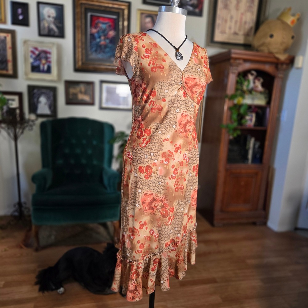 Vintage 90s DBY Floral Print V-Neck Ruffle Hem Midi Dress Orange Tan Womens - Picture 3 of 7
